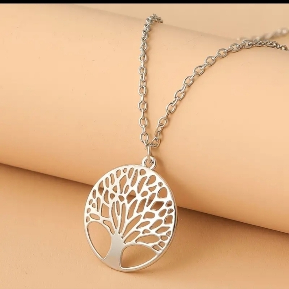 Tree of Life Cut Out Circle Silver Pendant Necklace